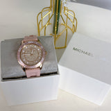 Michael Kors Runway Three Hand Crystal Pave Dial Pink Rubber Strap Watch For Women - MK6854