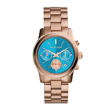 Michael Kors Runway Chronograph Turquoise Dial Rose Gold Steel Strap Watch For Women - MK6164