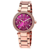 Michael Kors Mini Parker Multi-Function Plum Mother of Pearl Dial Rose Gold Steel Strap Watch For Women - MK6403