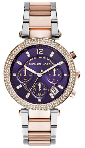 Michael Kors Parker Chronograph Purple Dial Two Tone Steel Strap Watch For Women - MK6108