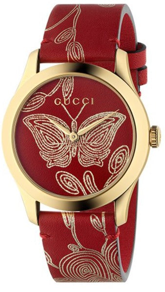 Gucci G Timeless Quartz Red Dial Red Leather Strap Watch For Women