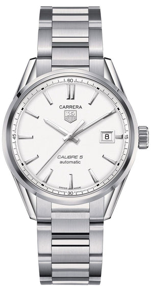 Tag Heuer Carrera Automatic Caliber 5 White Dial Silver Steel Strap Watch for Men - WAR211B.BA0782