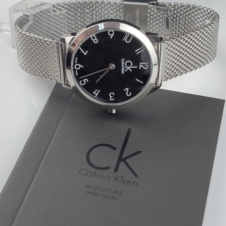 Calvin Klein Minimal Black Dial Silver Mesh Bracelet Watch for Women