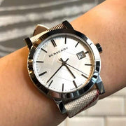 Burberry The City Nova Silver Dial White Leather Strap Watch for Women - BU9022