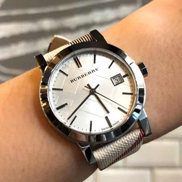 Burberry The City Nova Silver Dial White Leather Strap Watch for Women