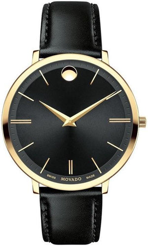 Movado Ultra Slim Black Dial Black Leather Strap Watch For Women - 0607091