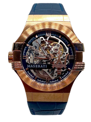 Maserati Automatic Skeleton Rose Gold Dial Blue Leather Strap Watch For Men - R8821108022