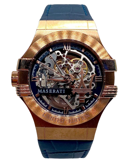 Maserati Automatic Skeleton Rose Gold Dial Blue Leather Strap Watch For Men - R8821108022