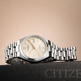 Citizen Tsuyosa Automatic Oatmeal White Dial Silver Steel Strap Watch For Men - NJ0151-88W