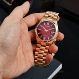 Citizen Tsuyosa Automatic Red Dial Gold Steel Strap Watch For Men - NJ0153-82X