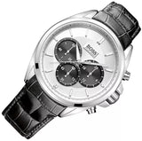 Hugo Boss Driver Chronograph Quartz Silver Dial Black Leather Strap Watch For Men - 1512880