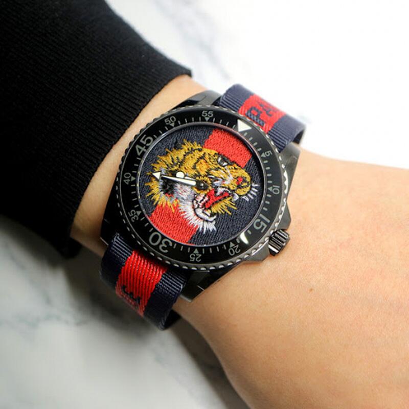 Gucci Dive Tiger Blue and Red Dial Blue Red Blue Nylon Strap Watch