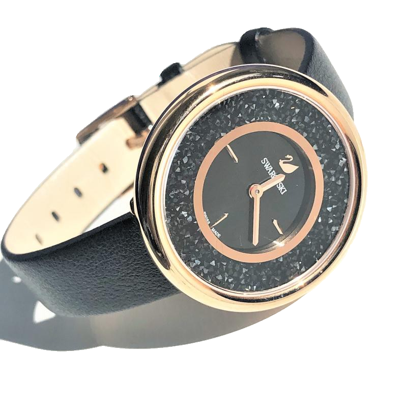 Swarovski Crystalline Pure Black Dial Black Leather Strap Watch