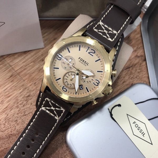 Fossil Nate Chronograph Gold Dial Brown Leather Strap Watch for Men