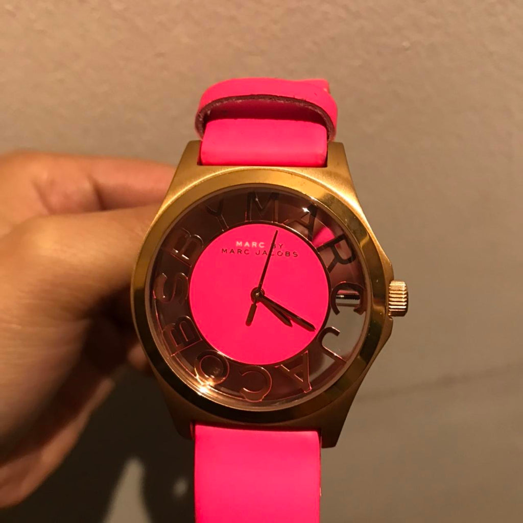 Marc Jacobs Henry Skeleton Pink Dial Pink Leather Strap Watch for