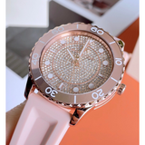 Michael Kors Runway Three Hand Crystal Pave Dial Pink Rubber Strap Watch For Women - MK6854