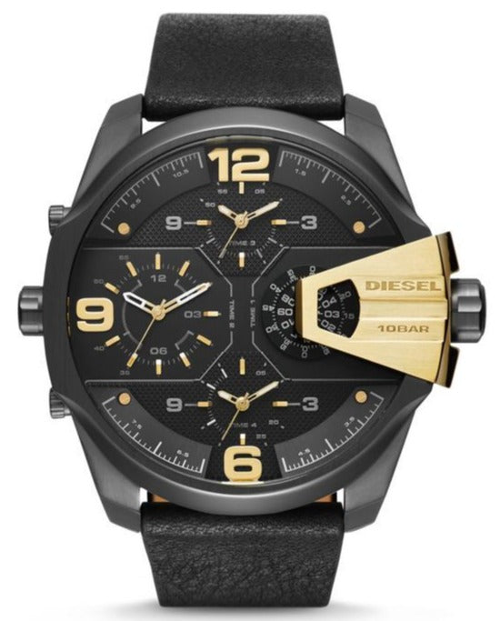 Diesel Uber Chief Two Hand Black Dial Black Leather Strap Watch For Men - DZ7377