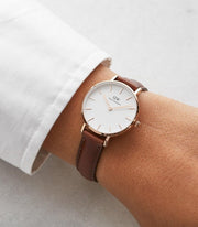 Daniel Wellington Classic Petite St Mawes White Dial Brown Leather Strap Watch For Women - DW00100231