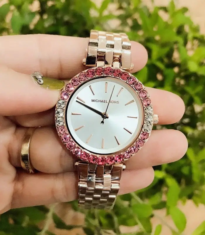 Michael Kors Darci Pave Silver Dial Rose Gold Steel Strap Watch For Women