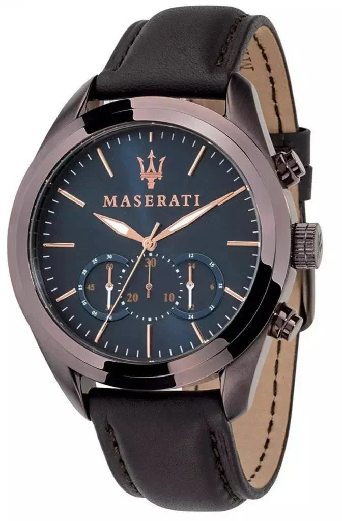 Maserati Traguardo Chronograph Blue Dial Brown Leather Strap Watch