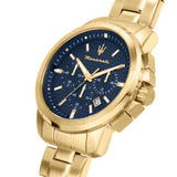 Maserati Successo Chronograph Blue Dial Gold Steel Strap Watch For Men - R8873621021