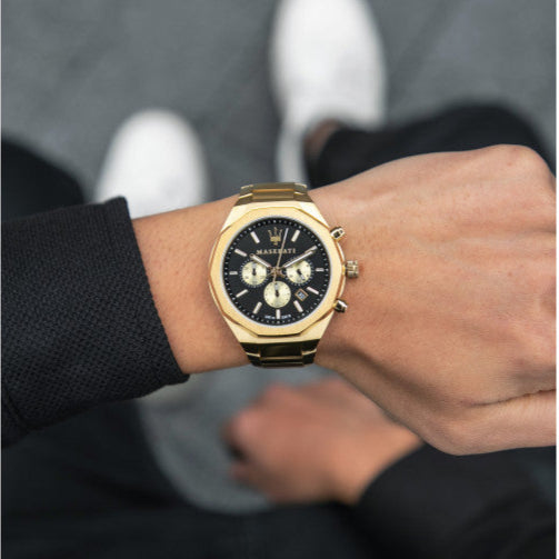 Maserati Stile Chronograph Black Dial Gold Steel Strap Watch For Men