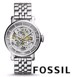 Fossil Boyfriend Automatic Skeleton Silver Dial Silver Steel Strap Watch for Women - ME3067