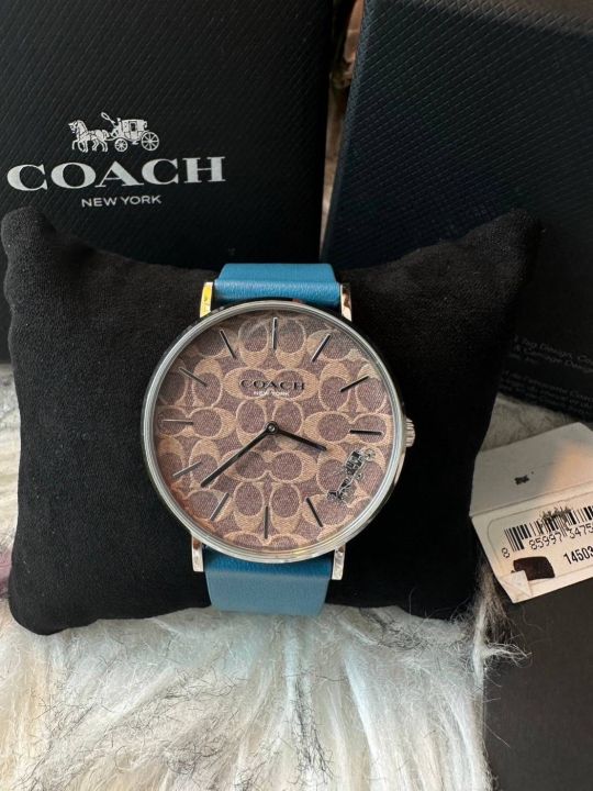 Coach Perry Coffee Dial Blue Leather Strap Watch for Women - 14503475