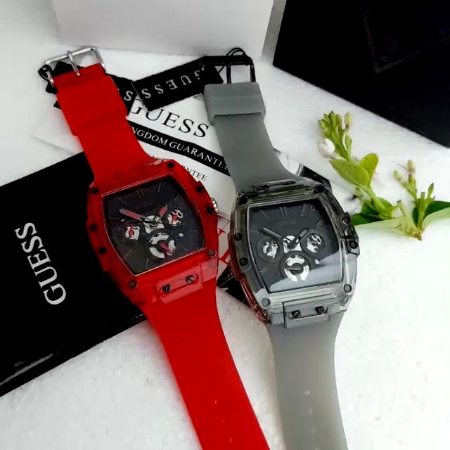 Watch Rubber Men for Multifunction Strap Guess Red Dial Phoenix Black