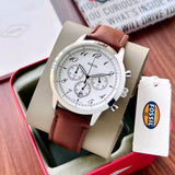 Fossil Neutra Chronograph White Dial Brown Leather Strap Watch for Men - FS6022