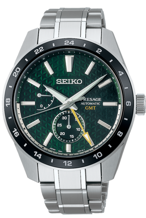 Seiko Presage Sharp Edged Series GMT Green Dial Silver Steel Strap Watch For Men - SPB219J1