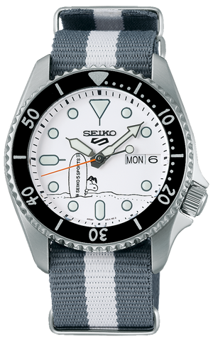 Seiko 5 Sports x Peanuts Surfboard Snoopy Limited Edition White Dial Two Tone NATO Strap Watch For Men - SRPK25K1