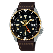 Seiko 5 Sports SKX GMT Automatic Mocha Black Dial Brown Leather Strap Watch For Men - SSK036K1