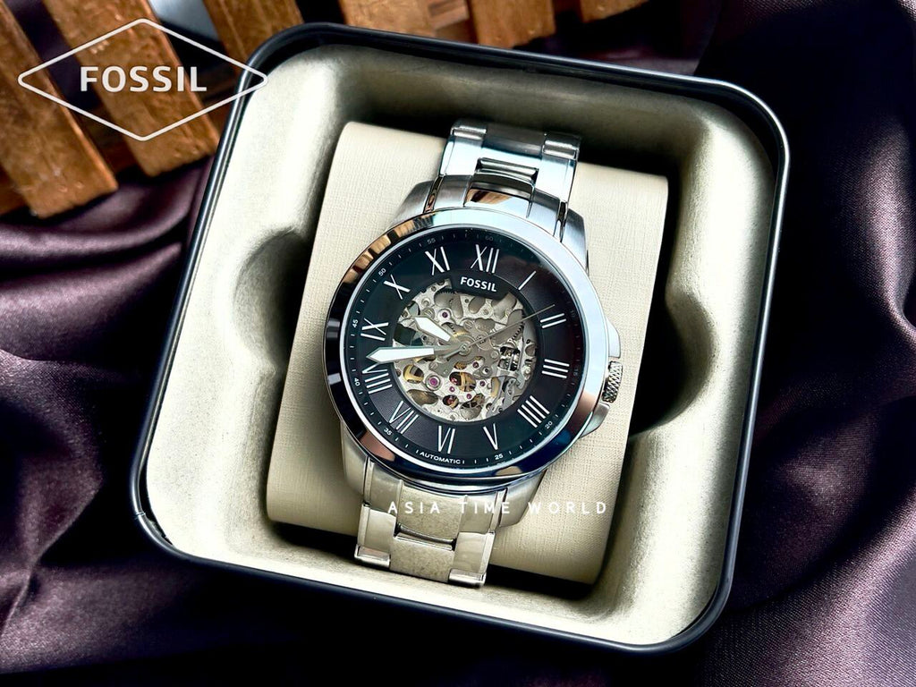 Fossil Grant Automatic Skeleton Black Dial Silver Steel Strap