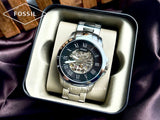 Fossil Grant Automatic Skeleton Black Dial Silver Steel Strap Watch for Men - ME3103