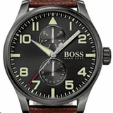 Hugo Boss Aeroliner Maxx Black Dial Brown Leather Strap Watch For Men - 1513079