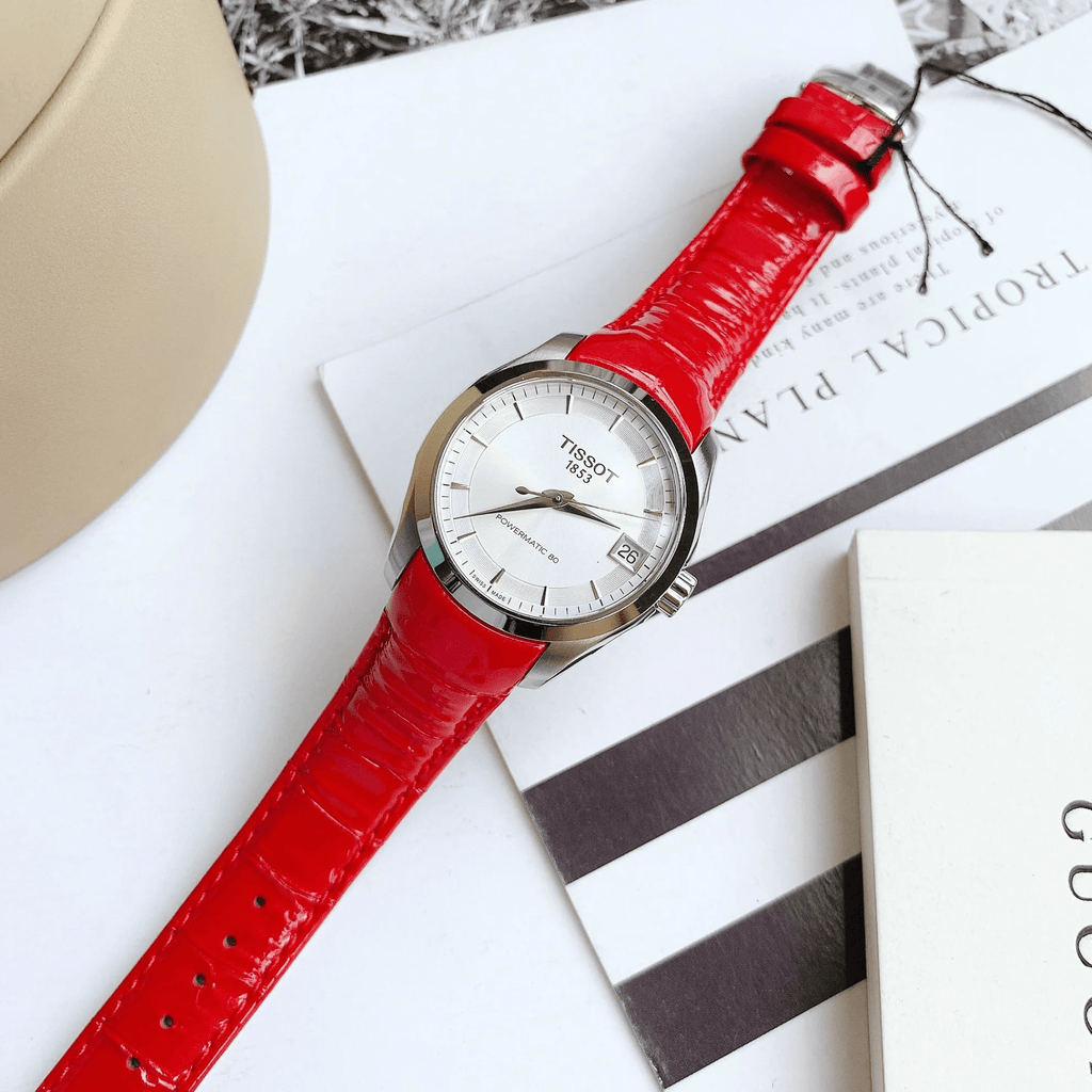 Tissot Couturier Lady Silver Dial Red Leather Strap Watch for Women