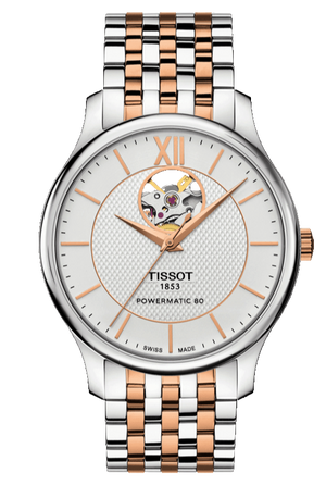 Tissot Tradition Powermatic 80 Open Heart Silver Dial Two Tone Steel Strap Watch For Men - T063.907.22.038.01