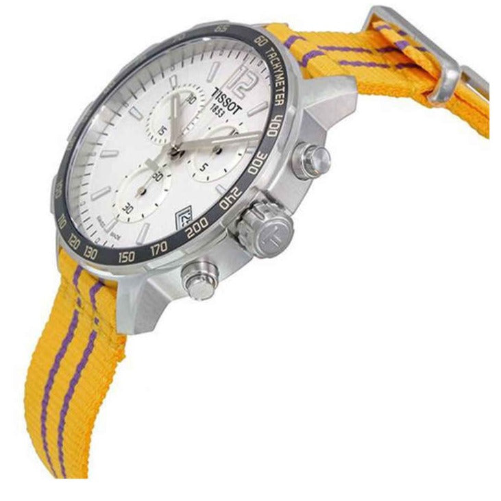 Tissot Quickster Chronograph NBA LA Lakers White Dial Yellow NATO Strap Watch for Men