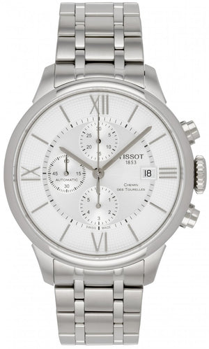 Tissot Chemin des Tourelles Automatic Chronograph White Dial Silver Steel Strap Watch for Men - T099.427.11.038.00