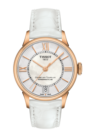 Tissot Chemin Des Tourelles Powermatic 80 Lady Silver Dial White Leather Strap Watch For Women - T099.207.36.118.00