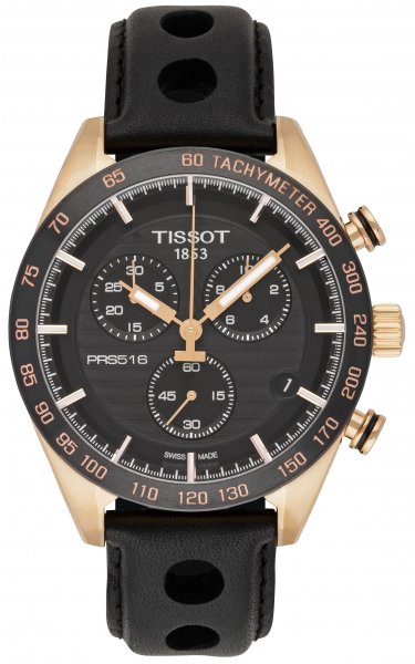 Tissot PRS 516 Chronograph Black Dial Black Leather Strap Watch