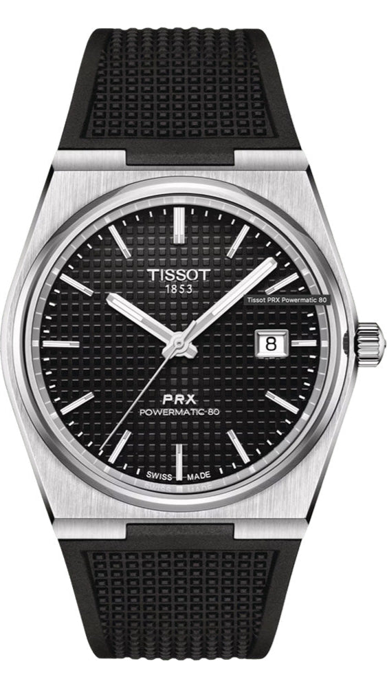 Tissot PRX Powermatic 80 Black Dial Black Rubber Strap Watch for