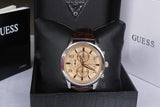 Guess Exec Chronograph Quartz Gold Dial Brown Leather Strap Watch for Men - W0076G3