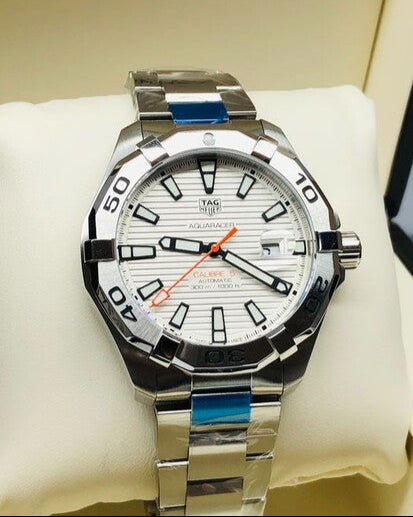 Tag Heuer Aquaracer Calibre 5 Jam Tangan Tali Baja Perak Dial Putih Otomatis untuk Pria - WAY2013.BA0927