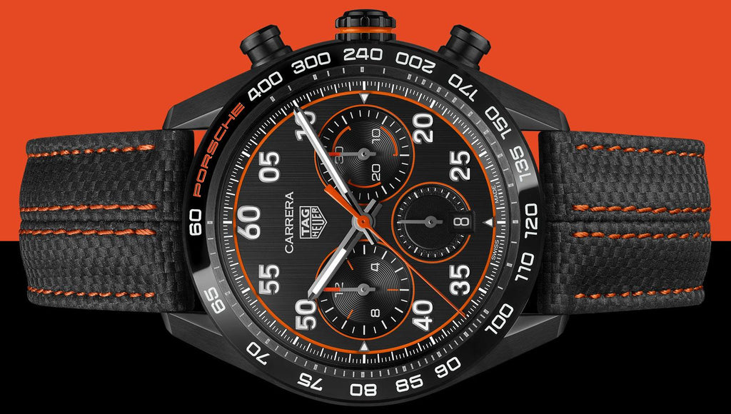 Tag Heuer Carrera Chronograph Porsche Orange Racing 44mm Black Dial Black Nylon Strap Watch for Men - CBN2A1M.FC6526