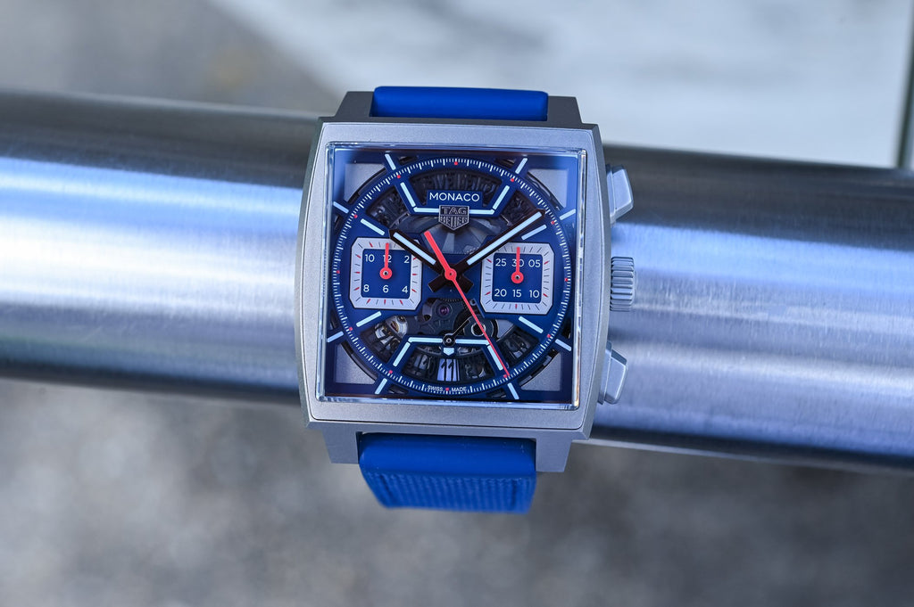 TAG Heuer Monaco Automatic Chronograph - Matte Blue Dial with Black  Perforated Calfskin Strap 39x39mm Square Watch