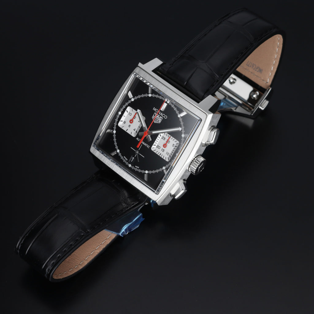 Tag Heuer Monaco Automatic Chronograph Black Dial Black Leather Strap Watch for Men - CBL2113.FC6177