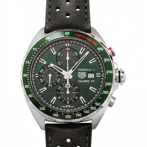 Tag Heuer Formula 1 Kaliber 16 Kronograf Otomatis Jam Tangan Tali Kulit Hitam Dial Hijau untuk Pria - CAZ2016.FC6473