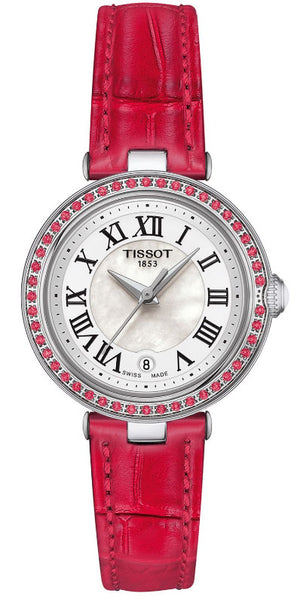 Tissot Bellissima Small Lady Crystals Mother of Pearl Dial Red Leather Strap Watch For Women - T126.010.66.113.00